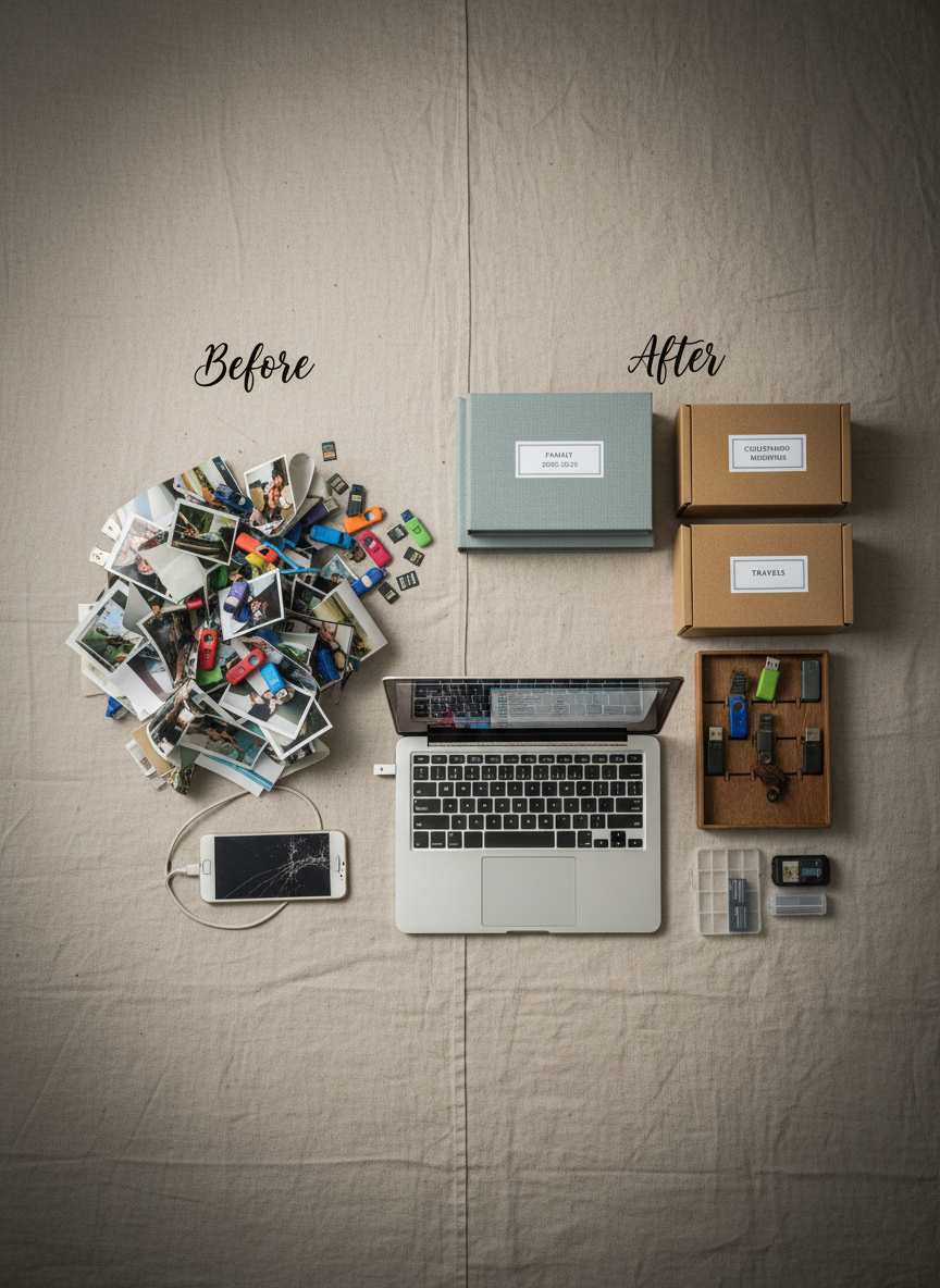 A dramatic before-and-after flat lay on a neutral fabric backdrop, divided visually down the center. On the left side, a jumbled heap of photo prints, USB drives, memory cards, and an old smartphone tangle together in visual chaos. On the right, the same items appear transformed: photos sorted into slim archival albums and labeled boxes, digital media arranged beside a laptop displaying a clearly structured folder tree and a calm, organized interface. Overhead, soft studio lighting evenly illuminates both sides, with subtle vignetting that draws the eye toward the tidy half. Photographic realism with sharp focus throughout, creating a professional yet relatable sense of relief and accomplishment.