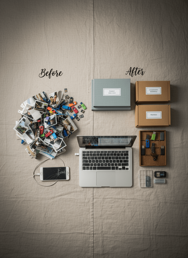 A dramatic before-and-after flat lay on a neutral fabric backdrop, divided visually down the center. On the left side, a jumbled heap of photo prints, USB drives, memory cards, and an old smartphone tangle together in visual chaos. On the right, the same items appear transformed: photos sorted into slim archival albums and labeled boxes, digital media arranged beside a laptop displaying a clearly structured folder tree and a calm, organized interface. Overhead, soft studio lighting evenly illuminates both sides, with subtle vignetting that draws the eye toward the tidy half. Photographic realism with sharp focus throughout, creating a professional yet relatable sense of relief and accomplishment.