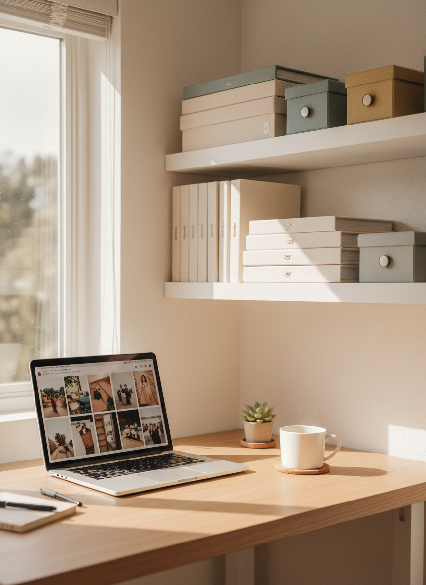 Bright tidy home workspace with organized photo boxes and albums beside a laptop showing a photo gallery