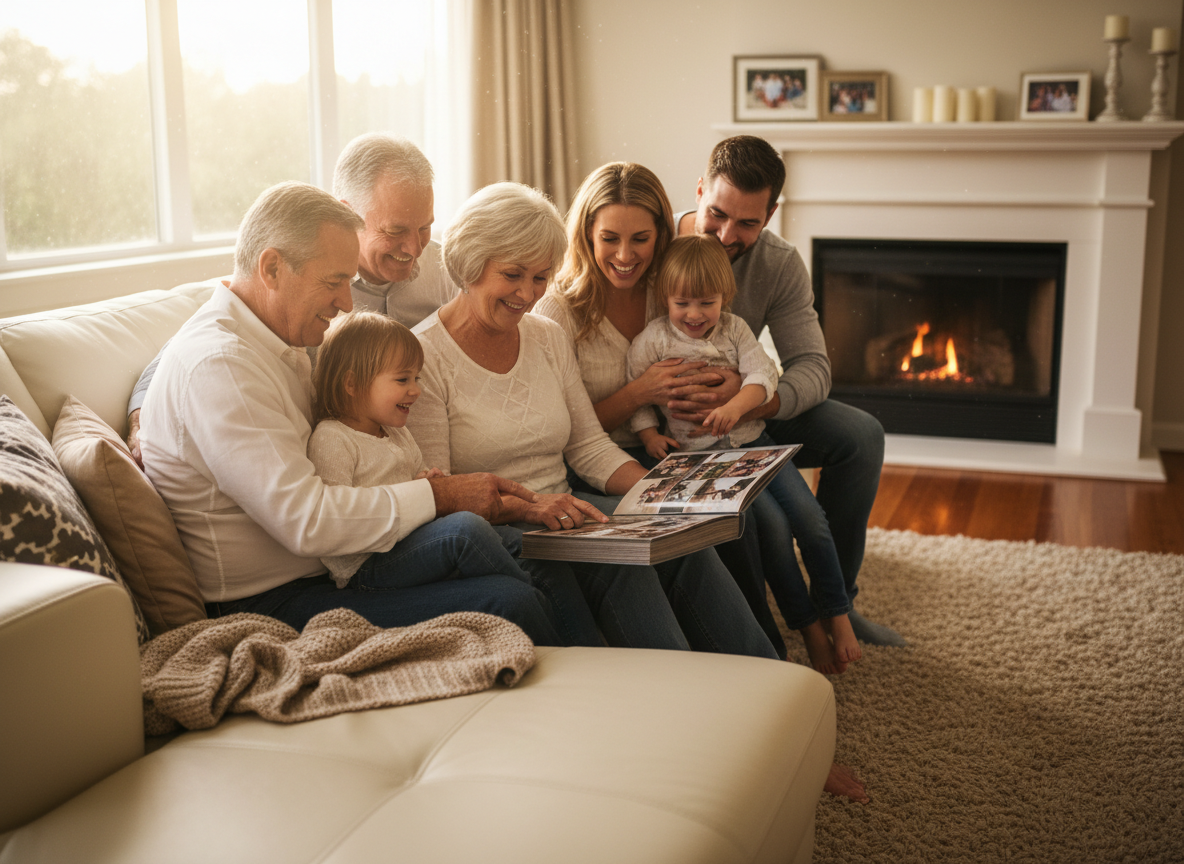 Joyful multi-generational family on a couch looking together at a printed photo album and smiling