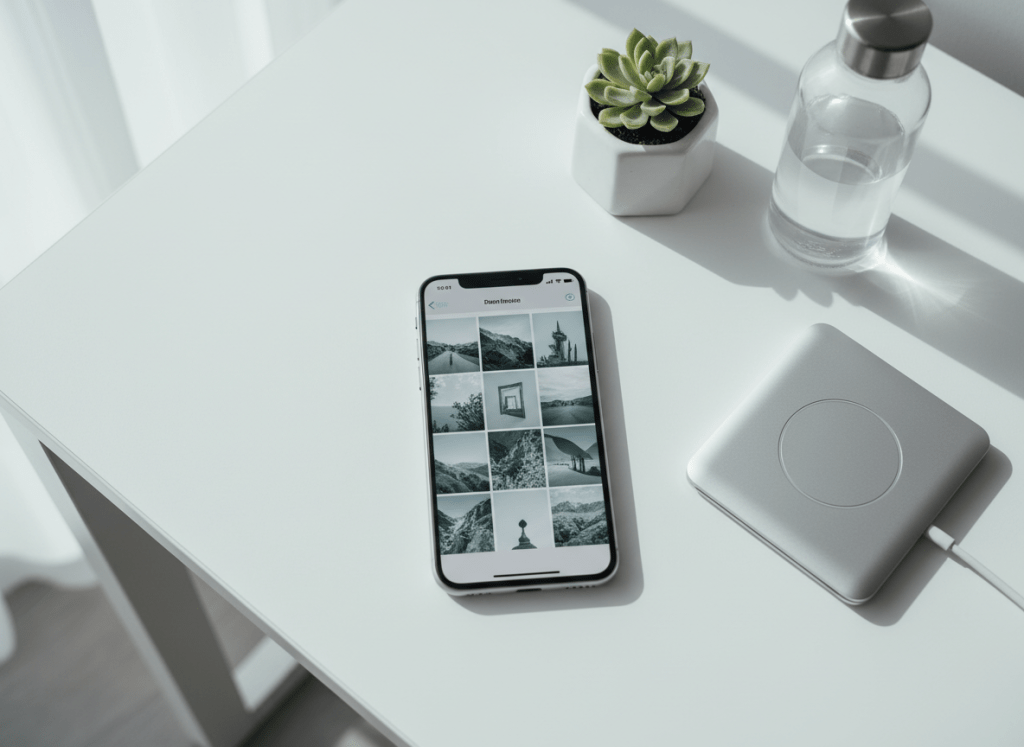 A clean, modern flatlay of a smartphone displaying a photo grid app, beside a sleek white desk with minimal objects. Soft natural light, cool-neutral tones, very minimal and contemporary. No people.