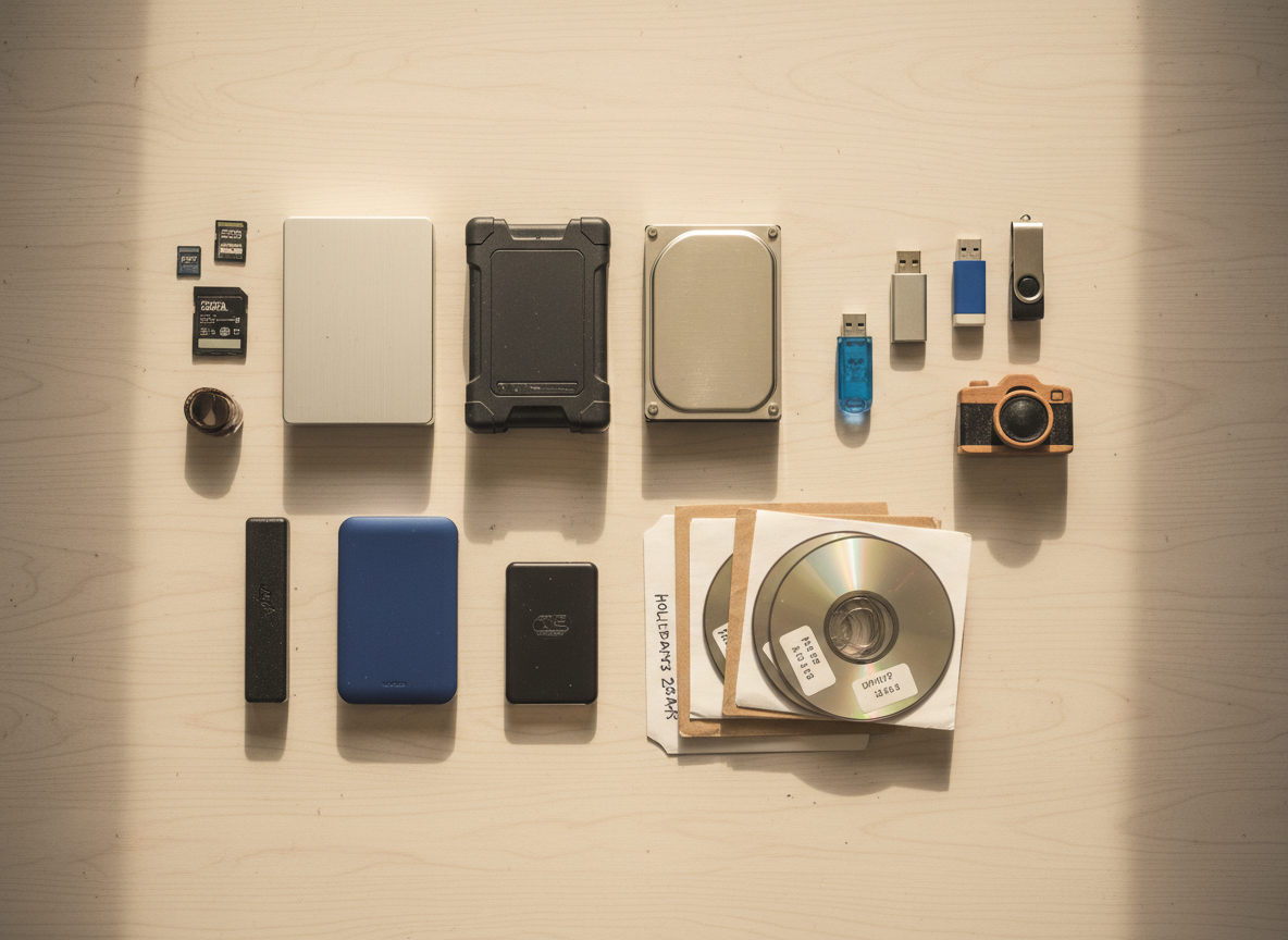 Flat lay of digital photo storage devices including external hard drives, USB thumb drives, CDs, DVDs, and a memory card on a light surface