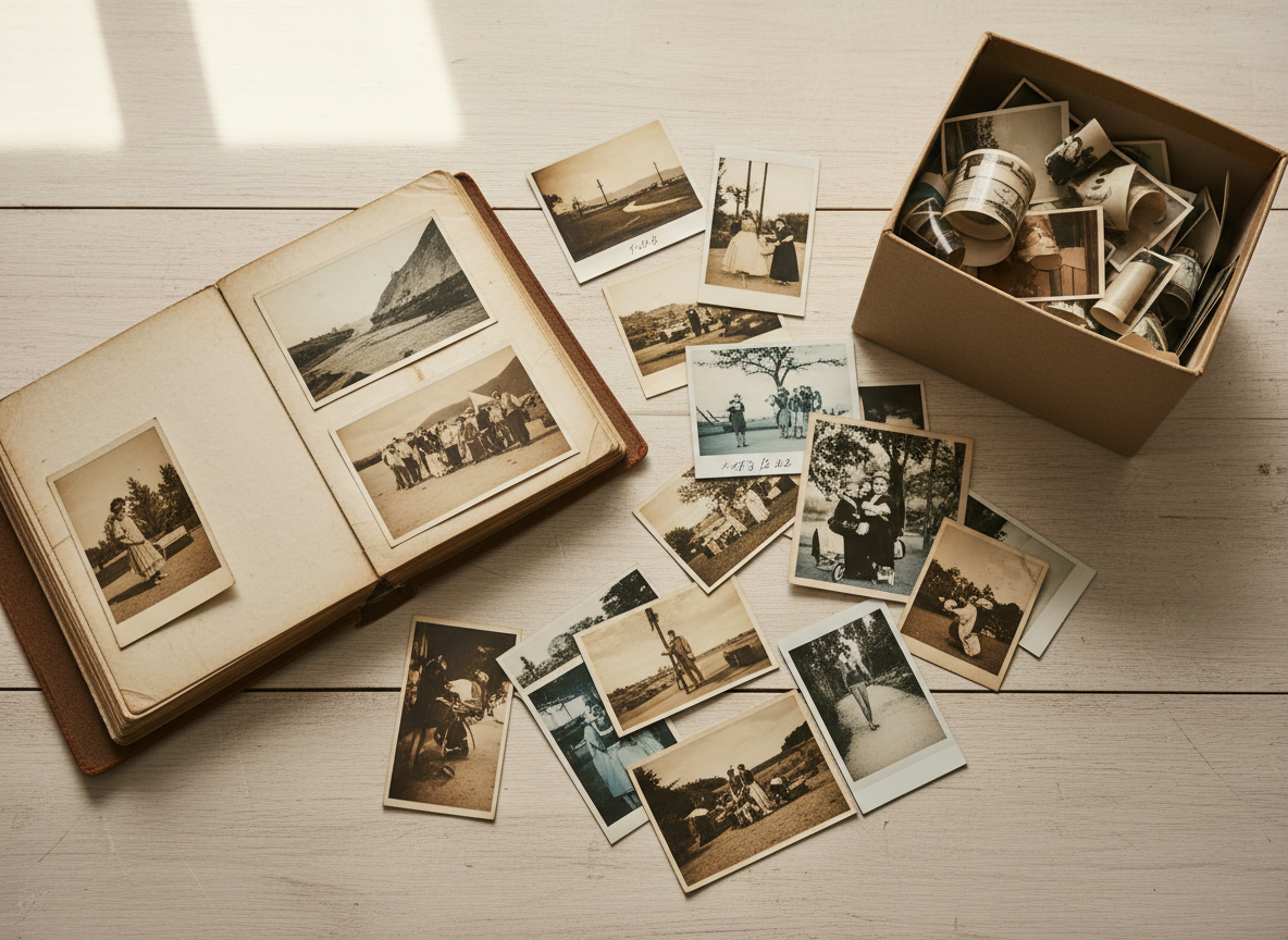 Printed photos, an open album, and a shoebox of snapshots arranged on a wooden table