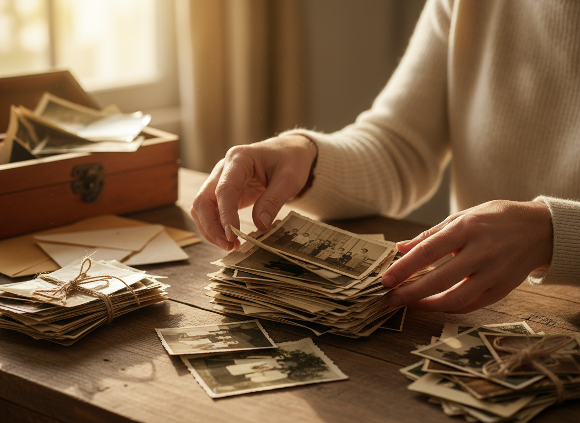 A person's hands sorting through a stack of old printed family photographs