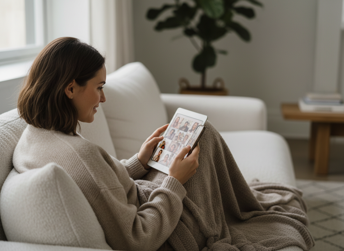 Soft warm lifestyle photo of a woman relaxing on a cozy sofa looking at photos on a tablet and smartphone
