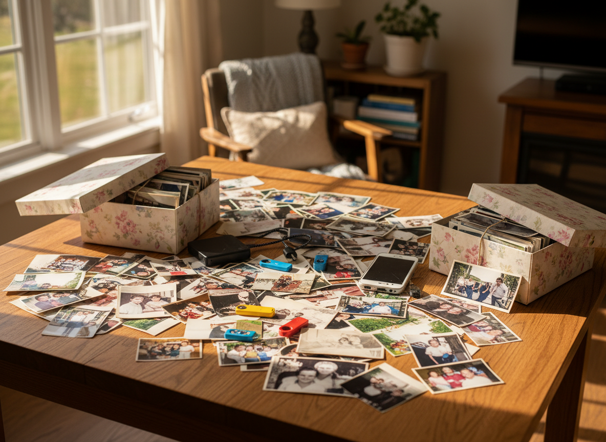 A cluttered table covered with scattered printed family photos, USB drives, an external hard drive, and shoeboxes of prints