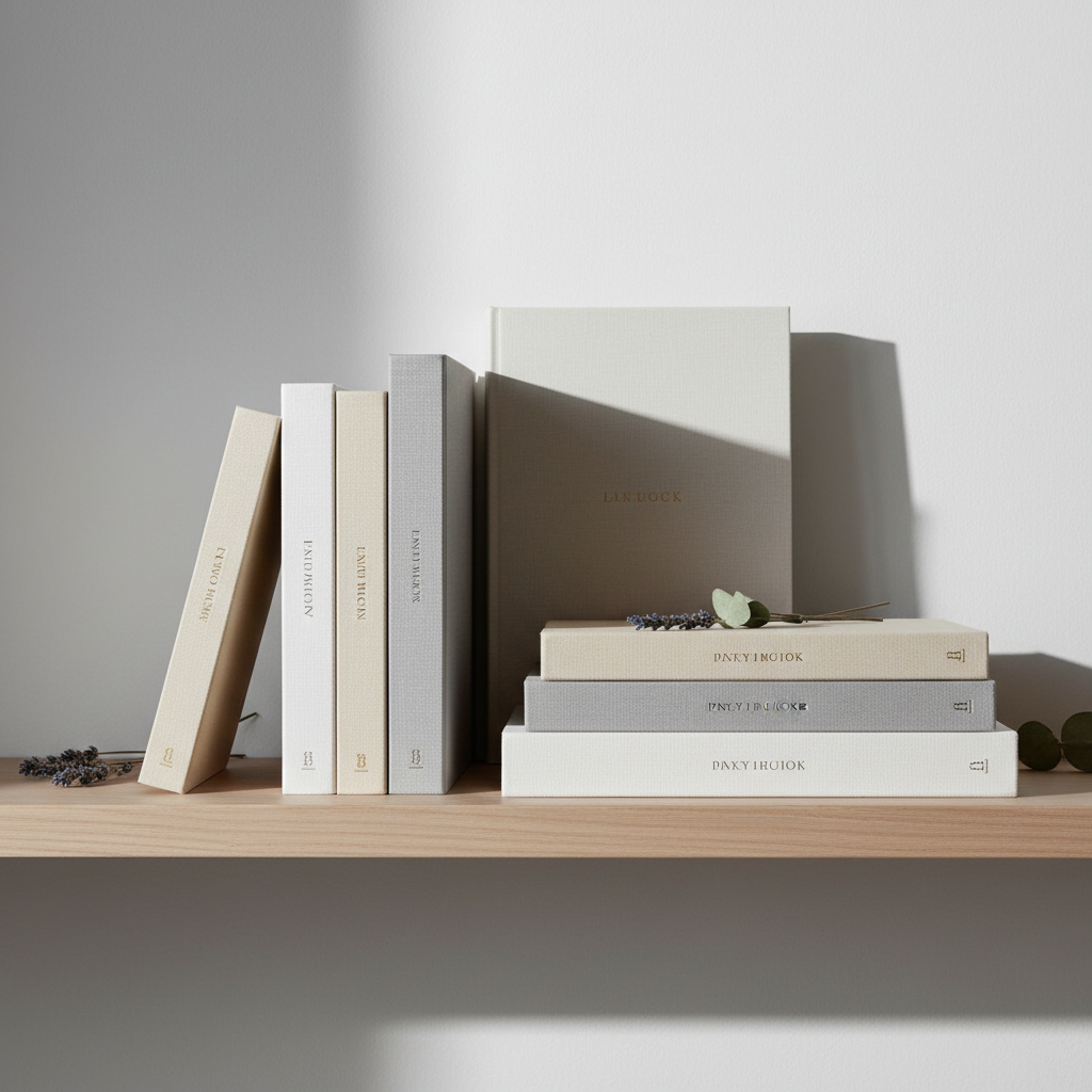 A modern, clean lifestyle photo of a beautifully curated collection of custom photo books and memory albums arranged on a light wood shelf. The books have minimal, elegant covers in neutral tones — cream, warm white, soft gray. Some are standing upright, a couple are stacked horizontally. Soft natural light from the side. Clean background. Modern Scandinavian aesthetic. High-end photography, warm but minimal.