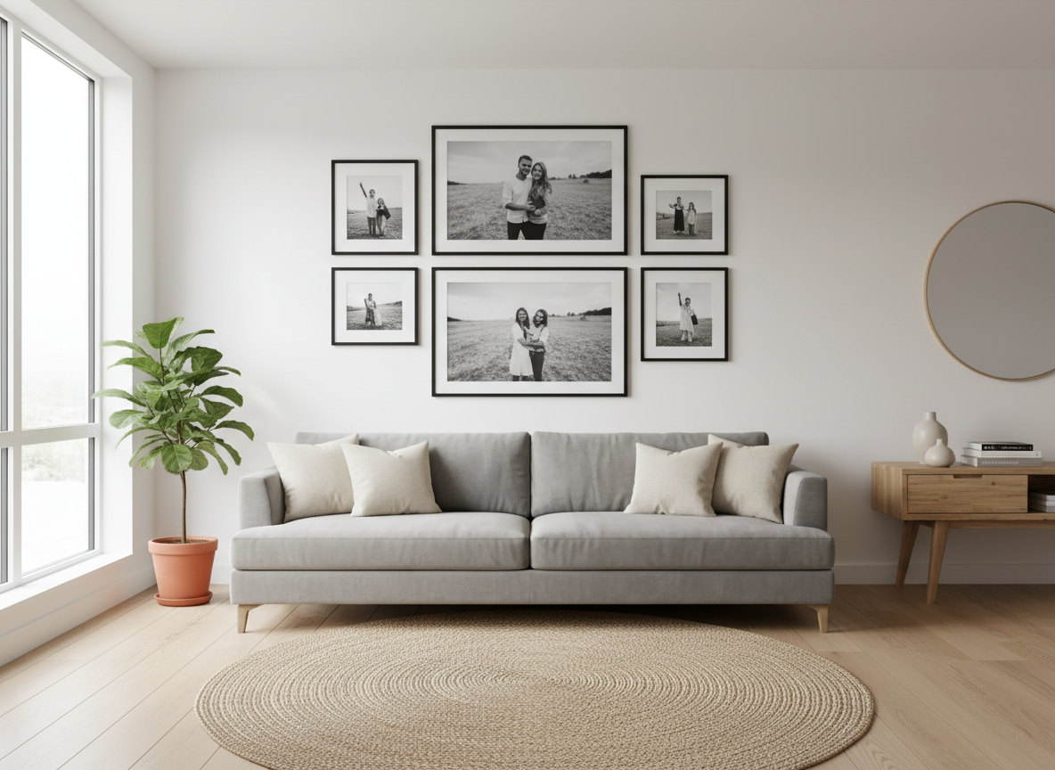 A modern, minimalist gallery wall in a bright contemporary living room. Clean white walls with a curated arrangement of black thin-frame photos in various sizes — some black and white portraits, some color lifestyle shots. Soft natural light. Scandinavian-inspired interior. Warm wood accents. High-end interior photography feel.