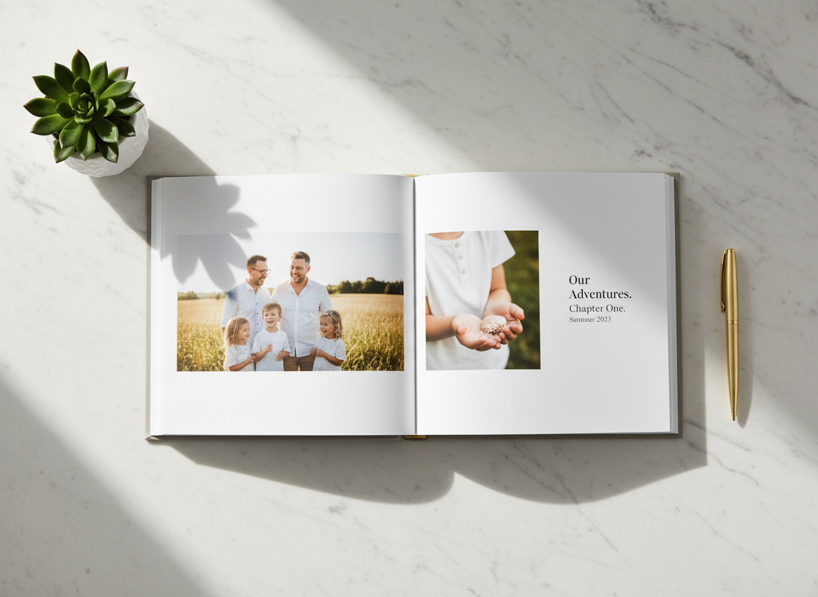 A modern, minimalist flat lay of an open photo book on a clean white marble surface. The book shows crisp, beautifully printed family photos with clean typography. Beside it, a small succulent plant and a thin gold pen. Soft natural side lighting. Warm but modern aesthetic. High-end editorial photography feel.