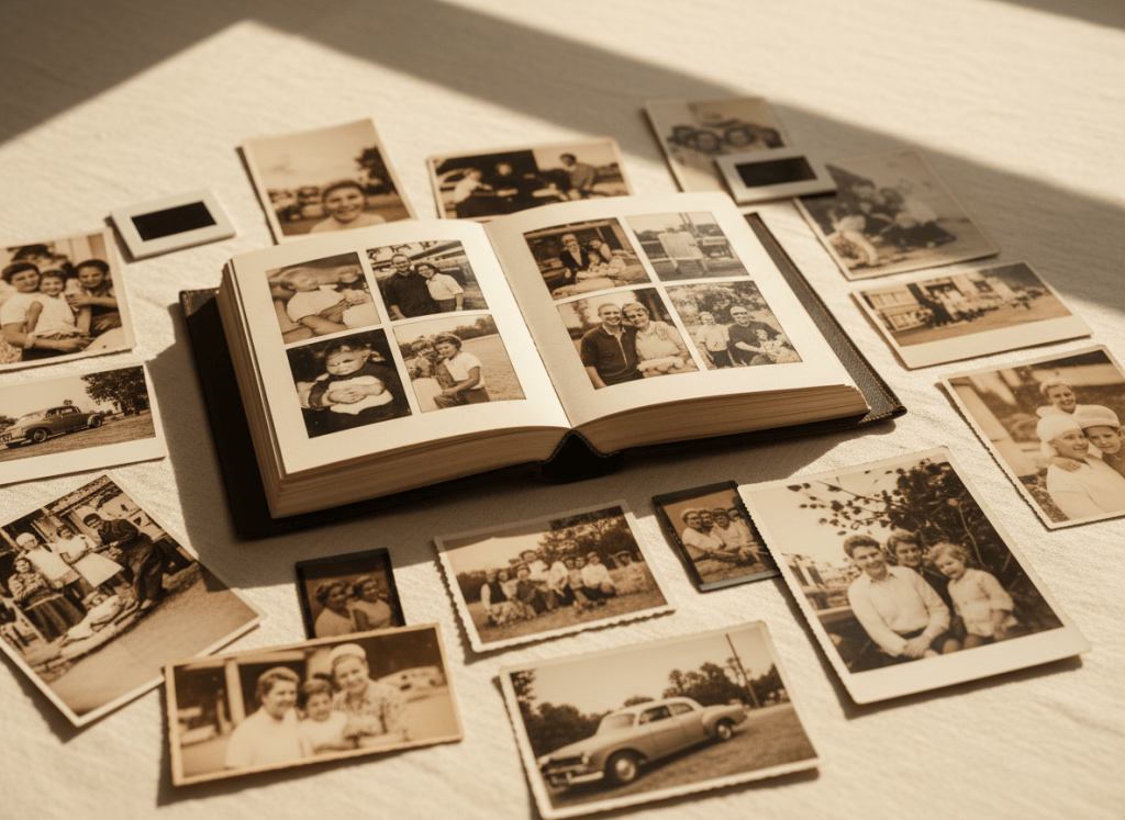 A warm, inviting flatlay of family photo memories: a curated collection of vintage printed photographs, a classic open photo album, a few slides and film negatives, all arranged on a light cream linen surface. Soft natural window light from the side, warm golden tones, shallow depth of field. Feels personal, precious, and timeless. No text, no people.