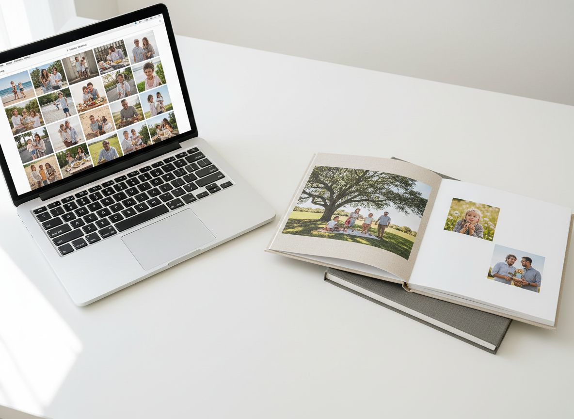 A modern, bright flatlay on a clean white desk: an open laptop displaying a neatly organized cloud photo library on screen with thumbnails of family photos visible, a beautifully printed photo book open beside it showing family memories, a second closed photo book stacked nearby, soft natural daylight from the side, airy and fresh, warm-neutral tones. Clean, organized, professional feel. No text on screen, no people.